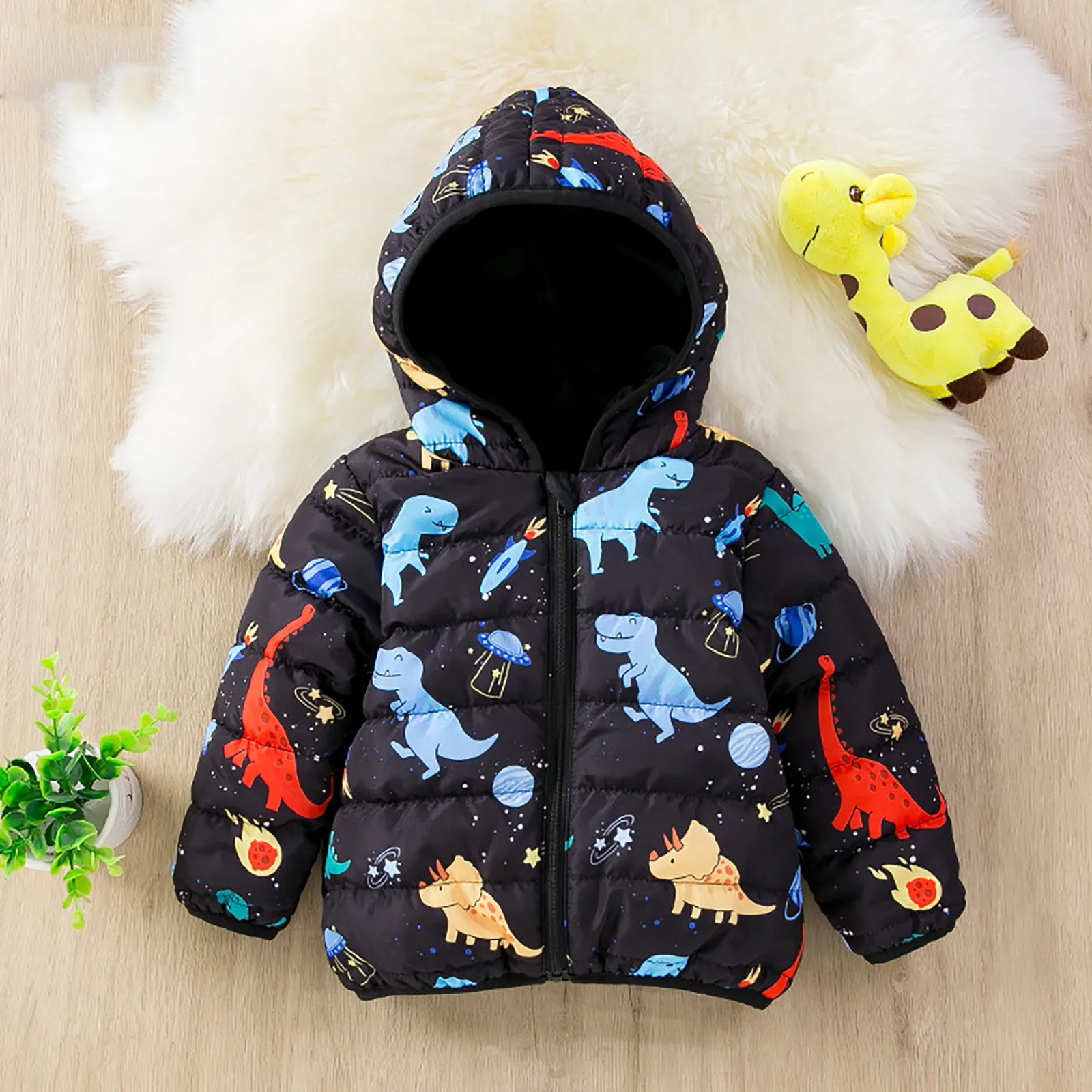 

Winter Children Boys Girls Cute Cartoon Dinosaur Print Windproof Warm Outwear Patchwork Color Coat Outdoor Sports Kid Warm Coats