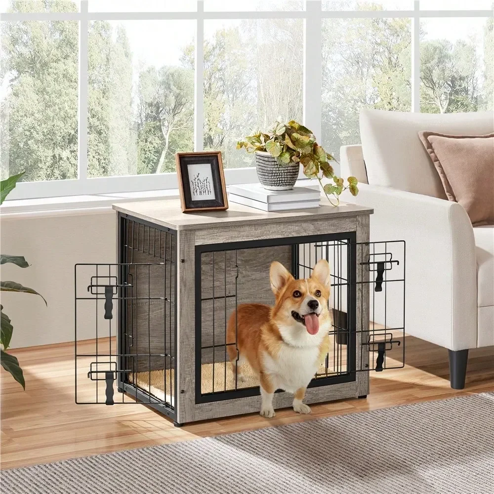 

1PC 27.5 Dog Crate Furniture For Small Dogs, Rustic Industrial Wooden Kennel With MultiFunction Design AntiSkid Plush Mat