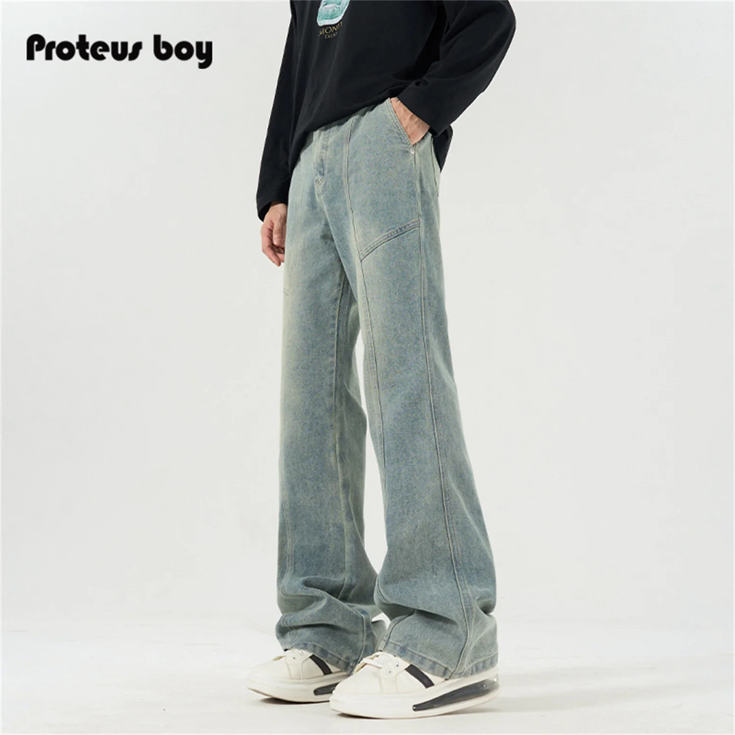 

ProteusBoy American Retro Waed out Distred Casual Straight Leg Micro Flare Flat Waist Jeans Youth Trendy Cotton Polyeste...