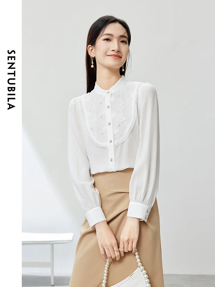 

SENTUBILA Stand Neck White Shirts for Women 2024 Spring Autumn Elegant Spliced Mesh Long Sleeve Tops Woman Clothing 141C54190X