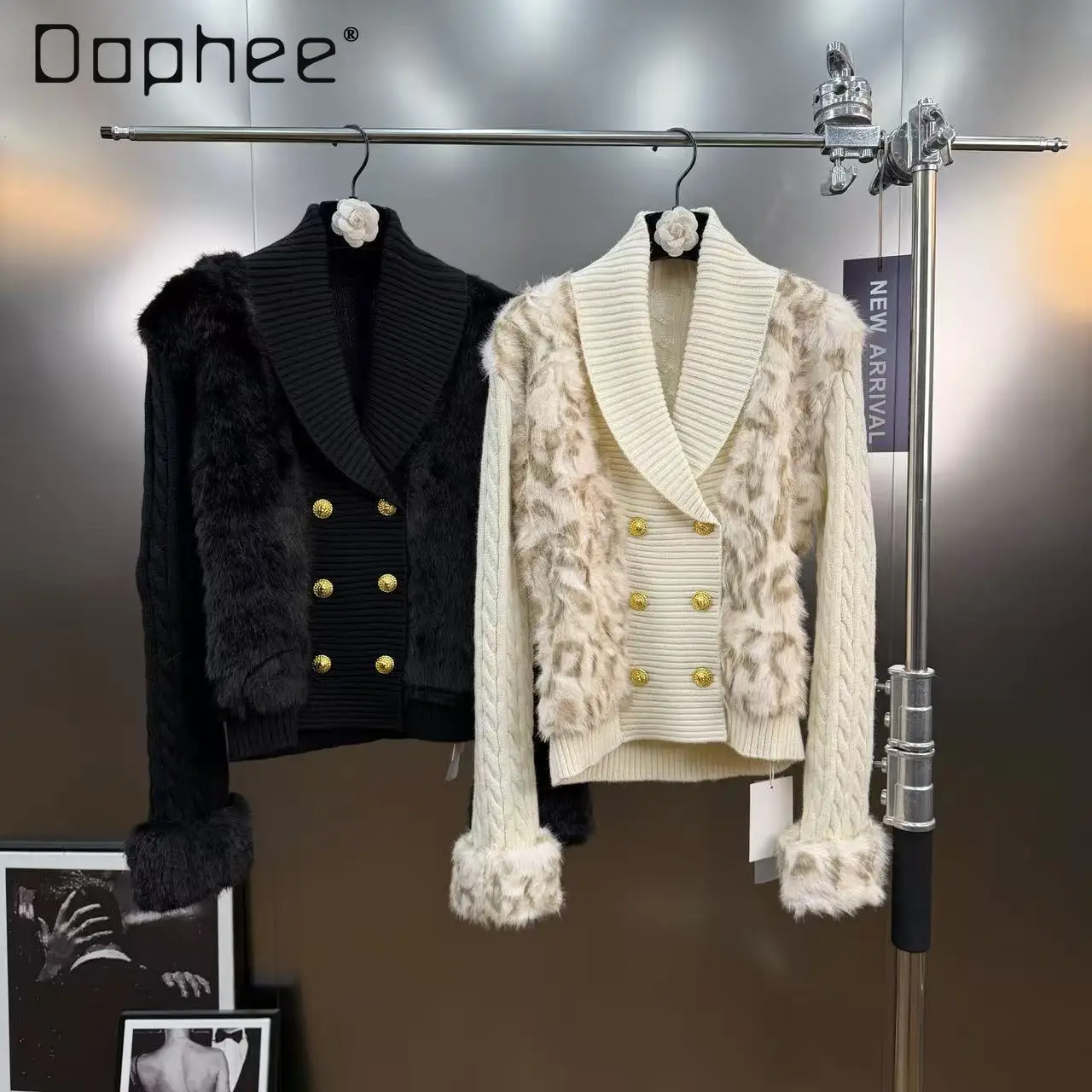 

Autumn Winter Korean Ins Lapel Double-Breasted Metal Button Patchwork Faux Rabbit Fur Versatile Knitted Cardigan Street Y2K Coat