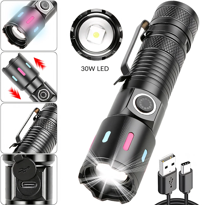 High Bright Pen Flashlights Tactical Torch 30W LED Powerful USB Charging Outdoor Hiking Camping Fishing Emergency Lantern