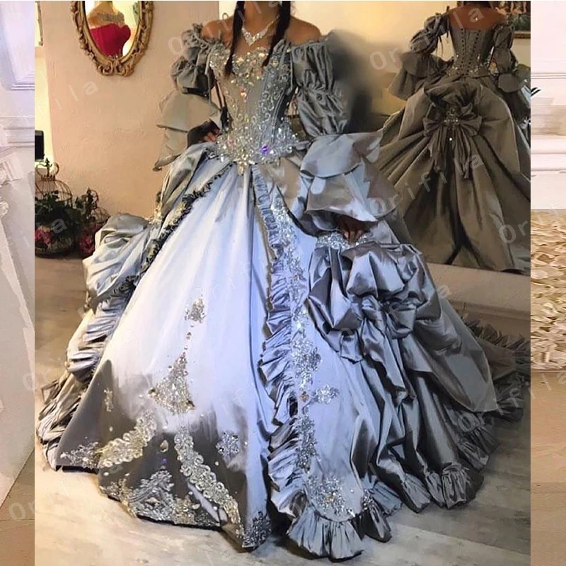 Silver Grey Gothic Princess Prom Dresses with Long Sleeve Victorian Bustle Lace-up Corset Puffy Skirt Evening Gown cusotmsized