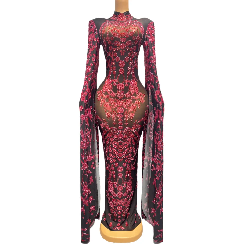 Muye – robe de soirée à grandes manches, nouveau design, motif de fleurs, strass rouge, robe de fête d'anniversaire, spectacle de bal