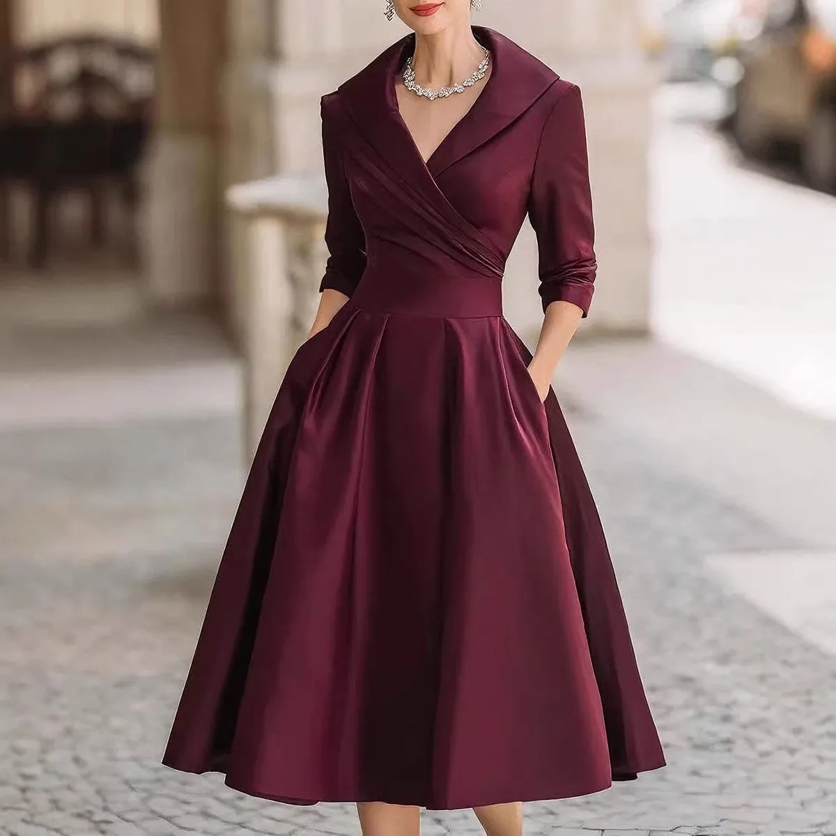 V Neck Slim Fit Dress Elegant with Colorblock Zipper Closure Mid Waist Regular Sleeve Maxi Length Spring Party Dress for Women