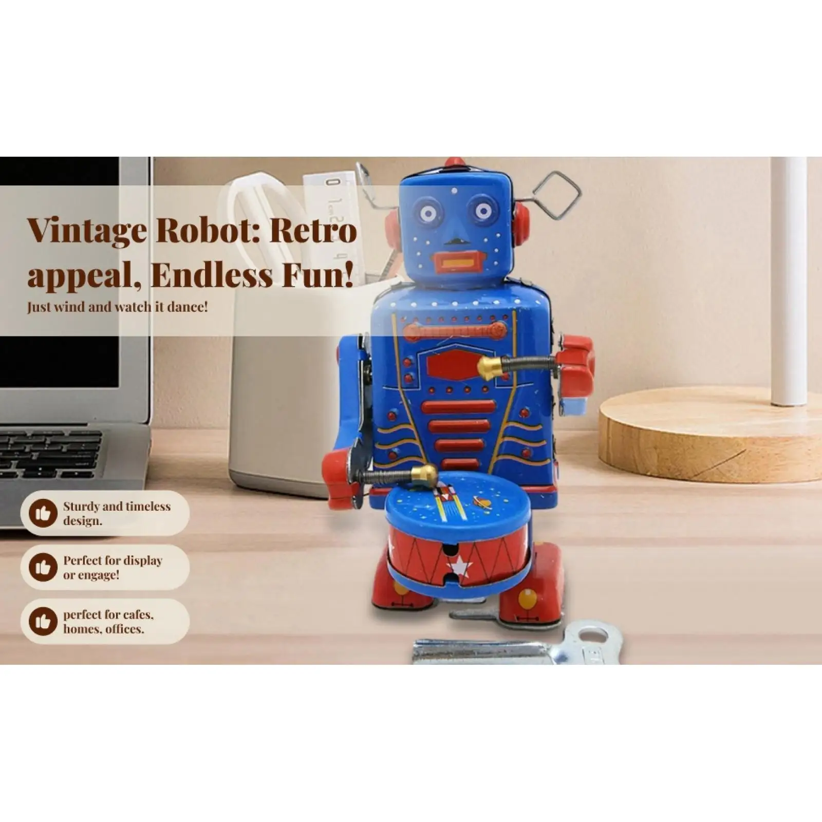 Retro Clockwork Robot Toy Wind Up Tinplate Antique Drummer Cute Shelf Tabletop Decoration for Kids Adults Boys Surprise