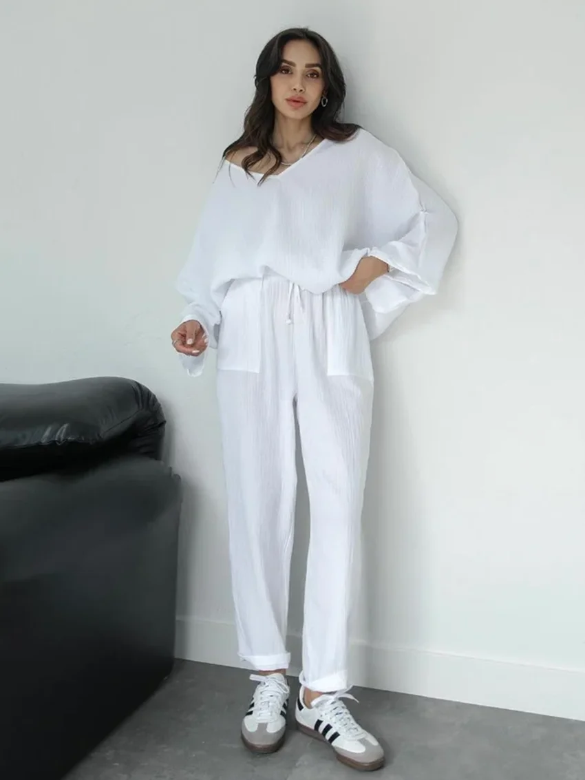 

Marthaqiqi Cotton Ladies Sleepwear 2 Piece Suit Long Sleeve Nightgowns Sexy V-Neck Pajama Pants Casual Loose Home Clothes Female