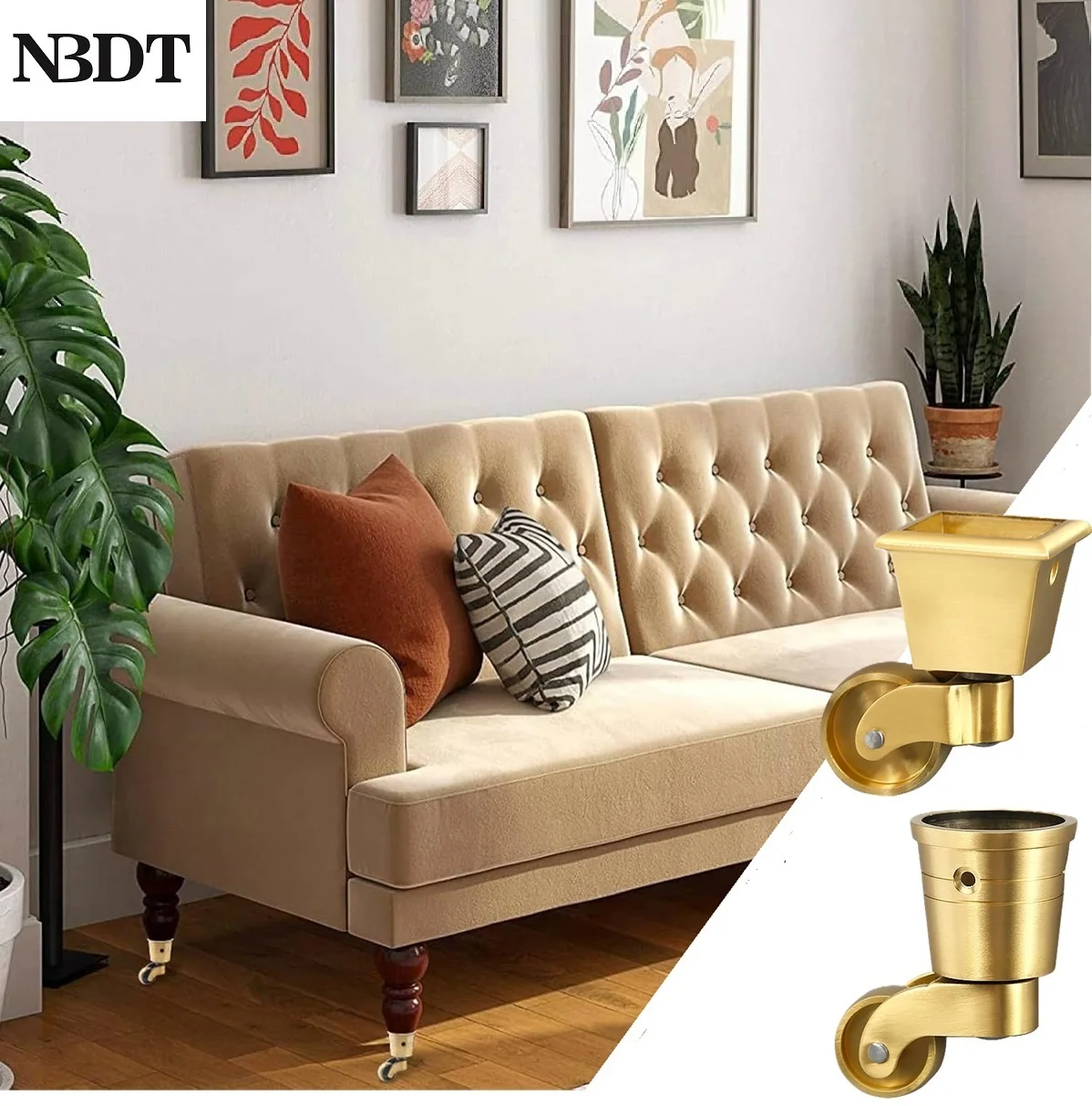 4Pcs Solid Brass Furniture Cup Caster Wheel Swivel Round Square Thread Bolt Piano Cabinet Wine Serving Trolly Chair Sofa