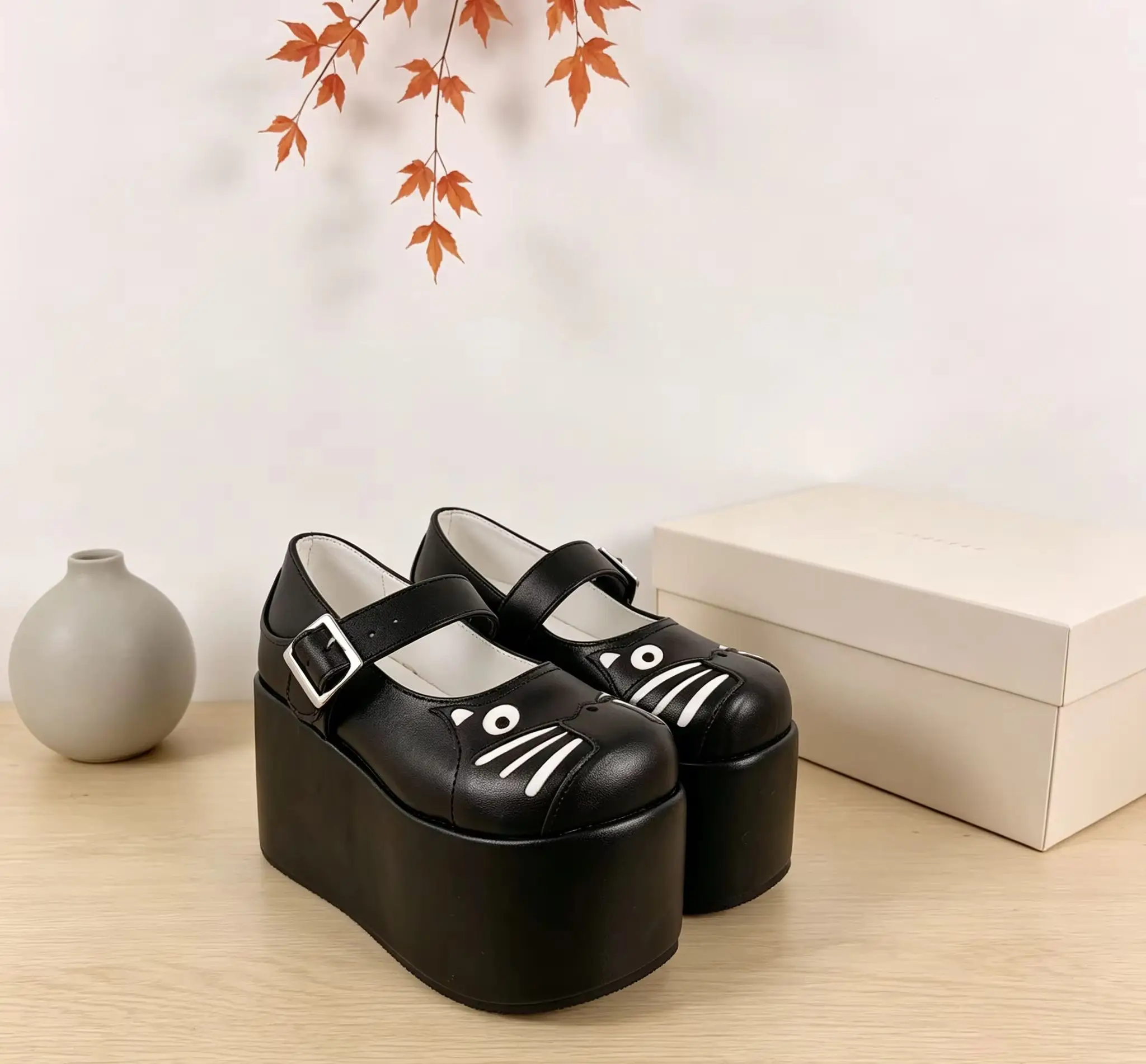 Leather Metallic Eyelets Platform Heels Fashion Round Toe High Sweet Cat Pattern Decoration Street Style Buckle Women Shoes