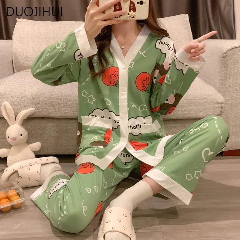 DUOJIHUI Two Piece Basic V-neck Cardigan Female Pajamas Set Simple Pant Fashion Pocket Sweet Print Casual Home Pajamas for Women