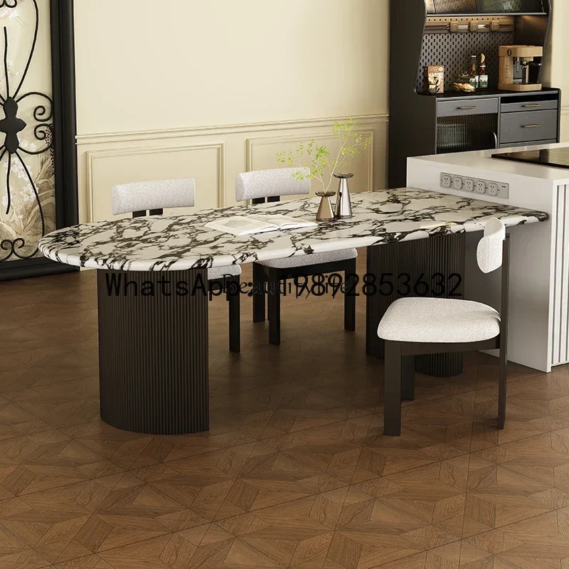 

marble dining table rock slab solid wood new light luxury stone simple semi-round dining table