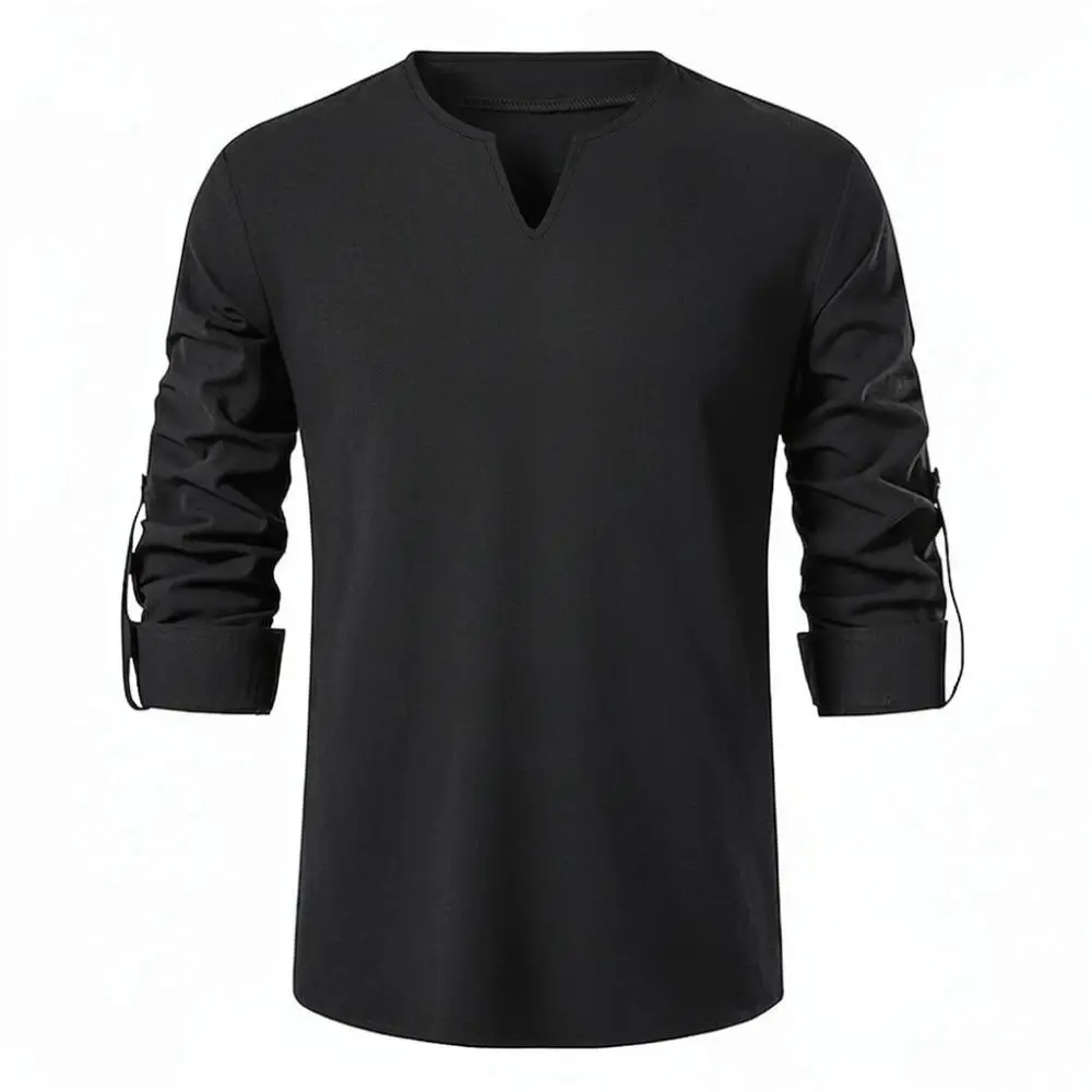 Breathable Mens Cotton Linen Henley Shirts Long Sleeve Stand Collar Casual Beach Tops Comfortable Loose Fit Summer Tee
