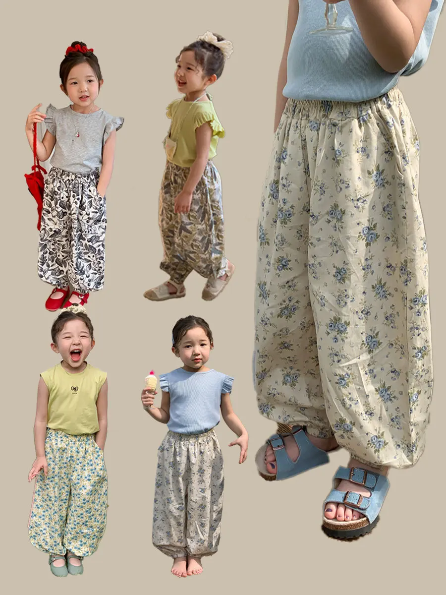 

2025 Summer Kids' Floral Print Pants 1-8Y Casual Loose Trousers for Girls Children's Thin Anti Mosquito Repellent Pants