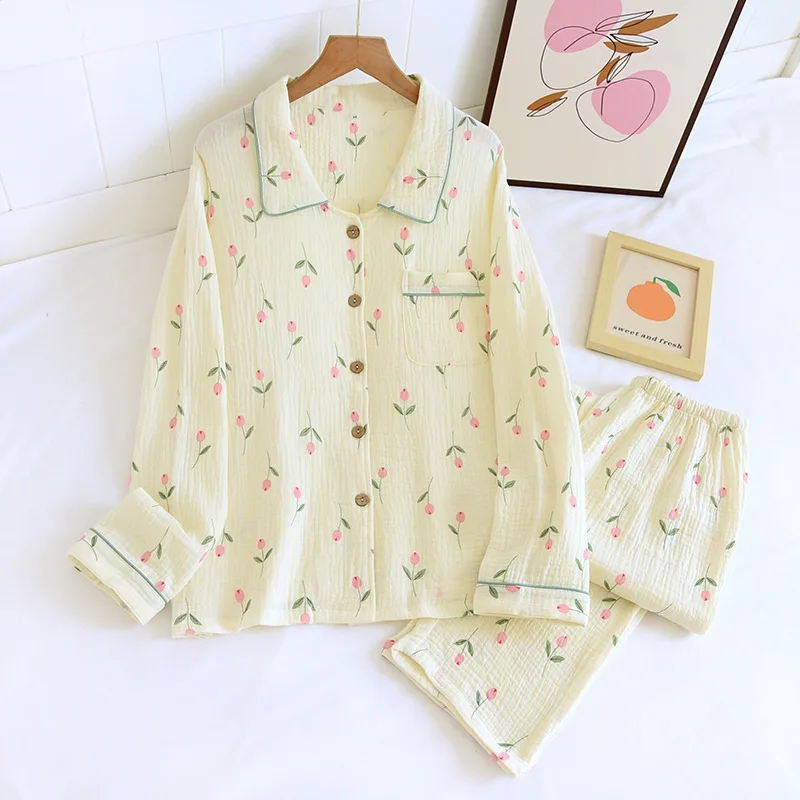 

Autumn New Women 100% Cotton Floral Long-sleeved Trousers Ladies Pajamas Suit Double Crepe Long Sleepwear Women's Home Nightwear