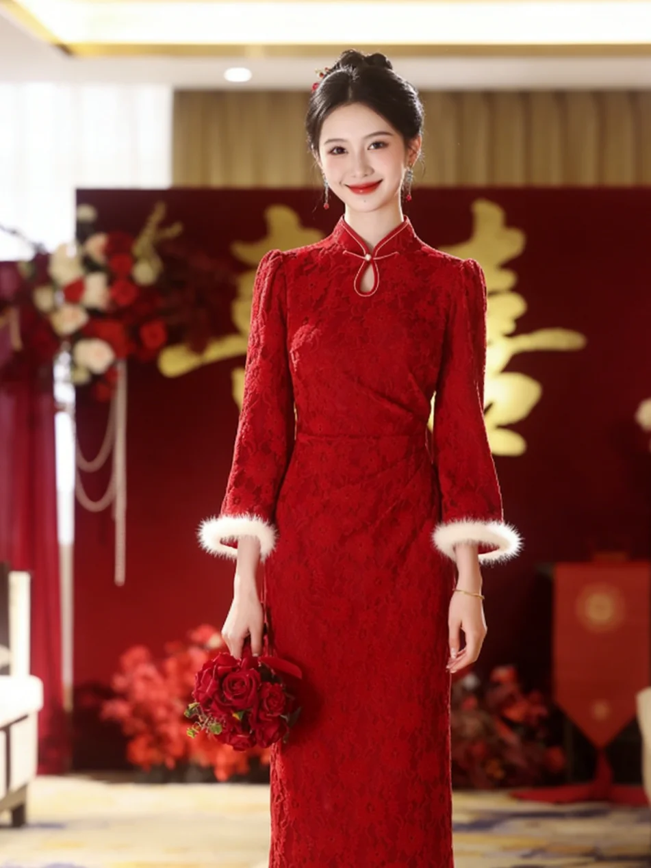 

Red Improved Wedding Dress Nezha Cherry Color Spring Autumn New Style Retro Wine Red Color Evening Gown for Women
