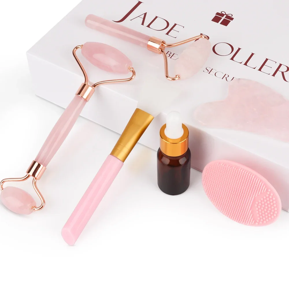 6 sztuk/zestaw Rose Jade Roller Gua Sha zestaw szczotka do twarzy naturalny skrobak kwarcowy Jade kamień masaż masażer do twarzy narzędzie do ciała szyi lifting twarzy urządzenia pielęgnacja skóry uroda zdrowie