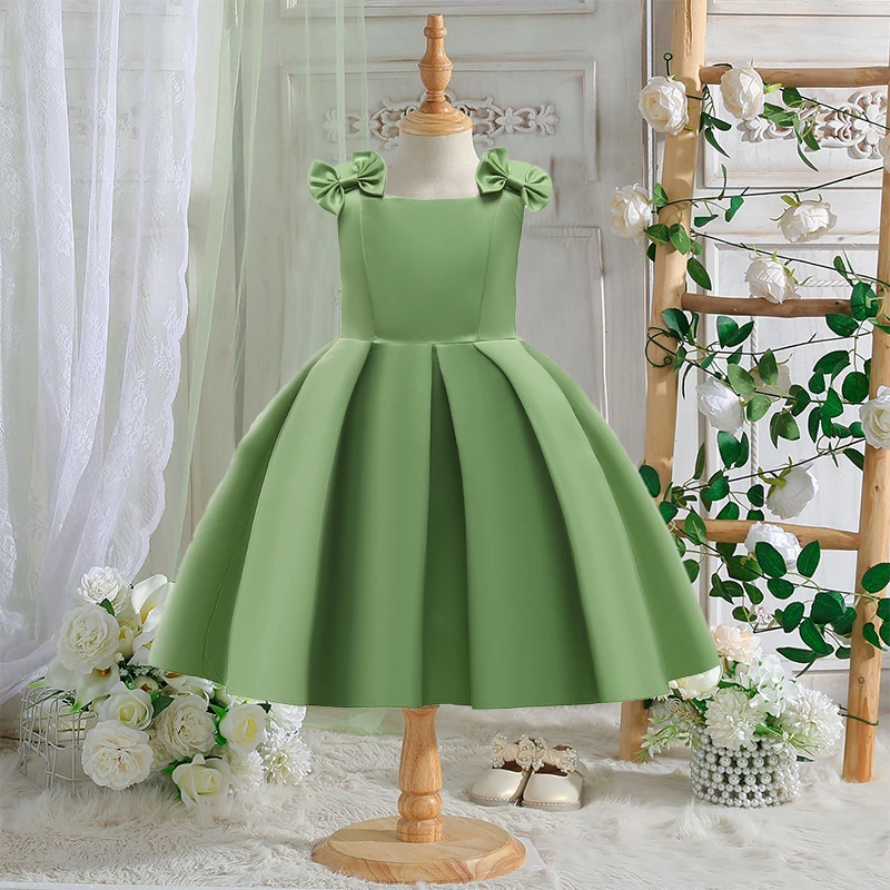 Green Christening Party Dress For Girls Kids Wedding Bridesmaid Princess Gown Girl Bow Fluffy Tutu Dresses Children Fancy Wear