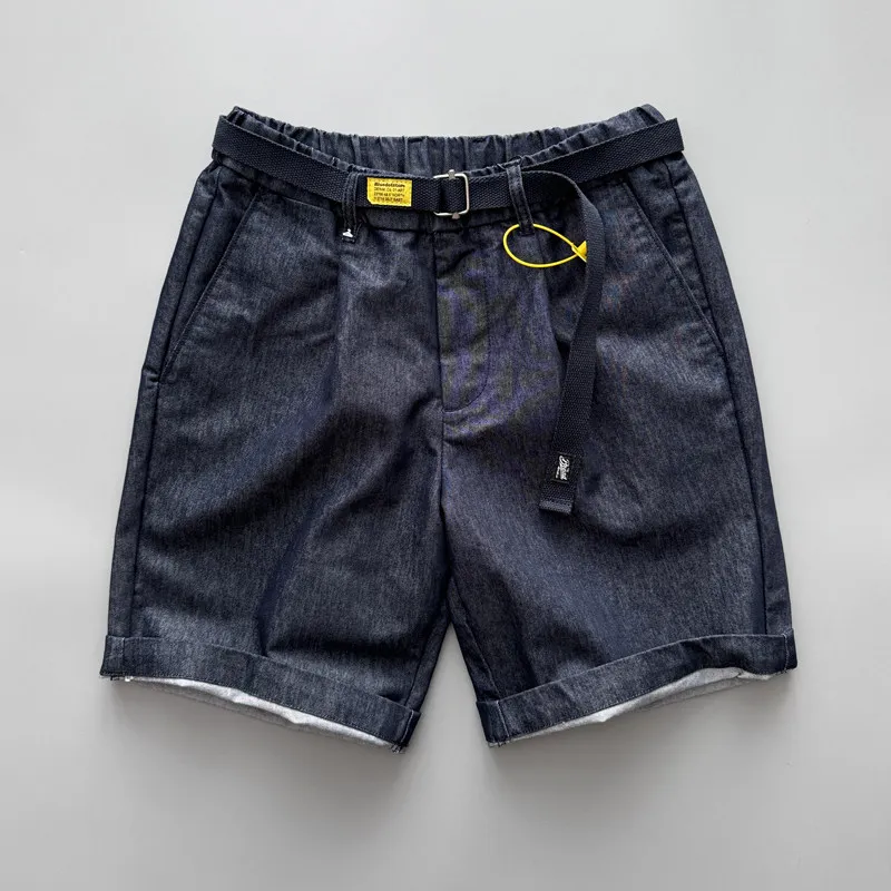 Japanese Men's Summer Lightweight Raw Denim Washed Shorts 300gsm Soft Slightly Loose Straight Fit Workwear Shorts Belt Included