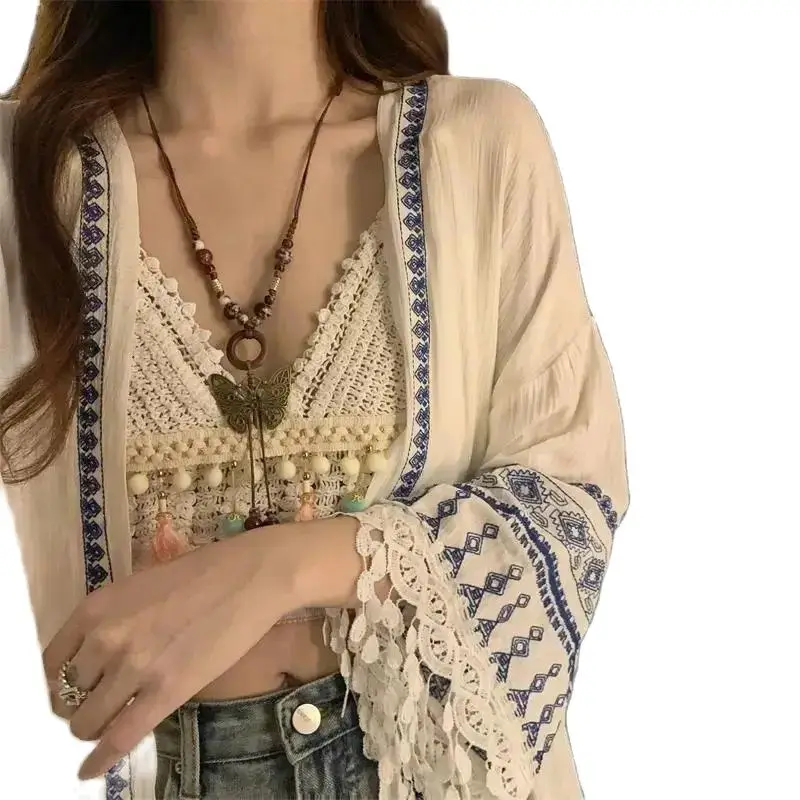 Bohemian Hollow Bordado Tassel Shawl para menina, Suspender Vest, Cardigan, Azul, Quente