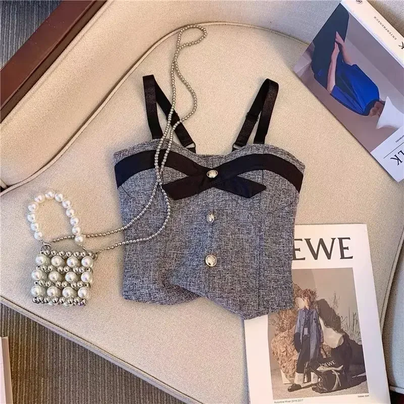 작은 향기 리본 짧은 작은 캐미솔 여성 여름 스윗 베이브 섹시한 외출복 불규칙 피쉬본 탑