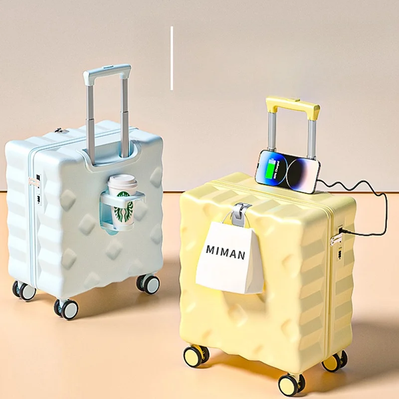 多機能キャリーオンスーツケース-20インチ-8インチ-小型-レディース-プルマン-トラベル-パスワード-レザーボックス-機内持ち込み-カップホルダー付き