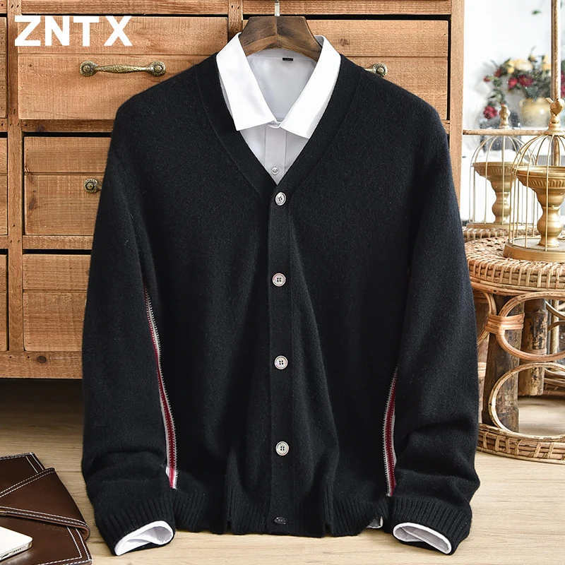 ZNTX Pure cashmere sweater men's winter thick contrasting button cardigan V-neck striped simple casual jacket Korean style