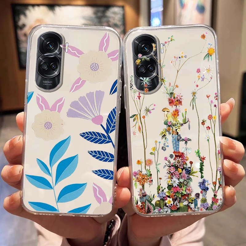 حافظة هاتف لهاتف Honor 90 90 Lite زهرة الشمس الوردي الليمون زهرة الكرمة فروع وأوراق القطط لهاتف Honor 90 قذائف خلفية شفافة