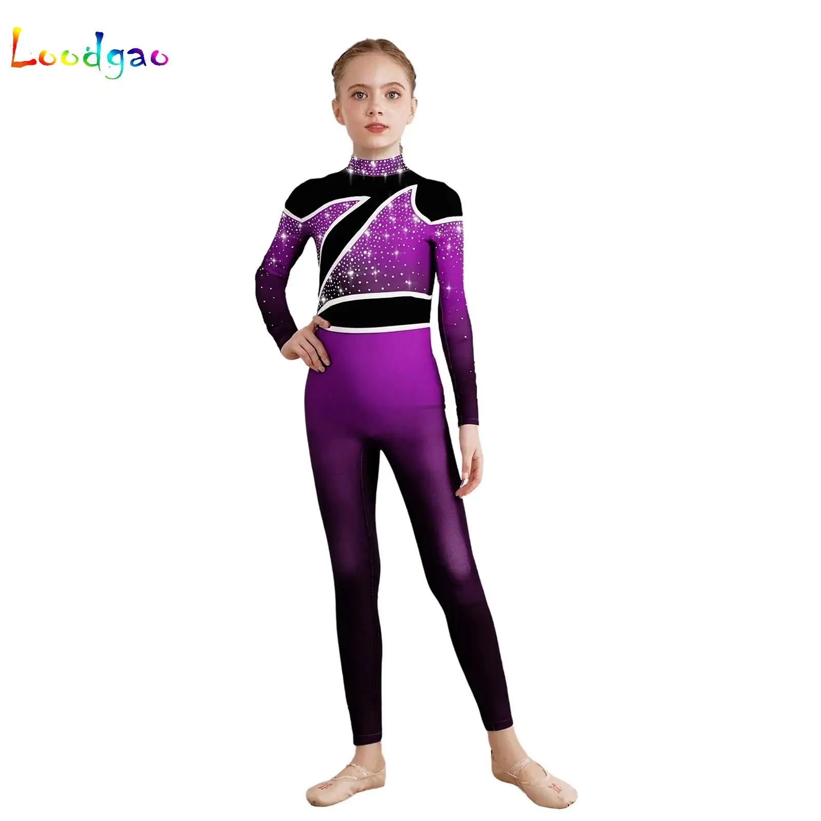 

Kids Girls Rhinestones Jumpsuit Gymnastics Ballet Dance Full Unitard Leotard Long Sleeve Figure Skating Performance Costume