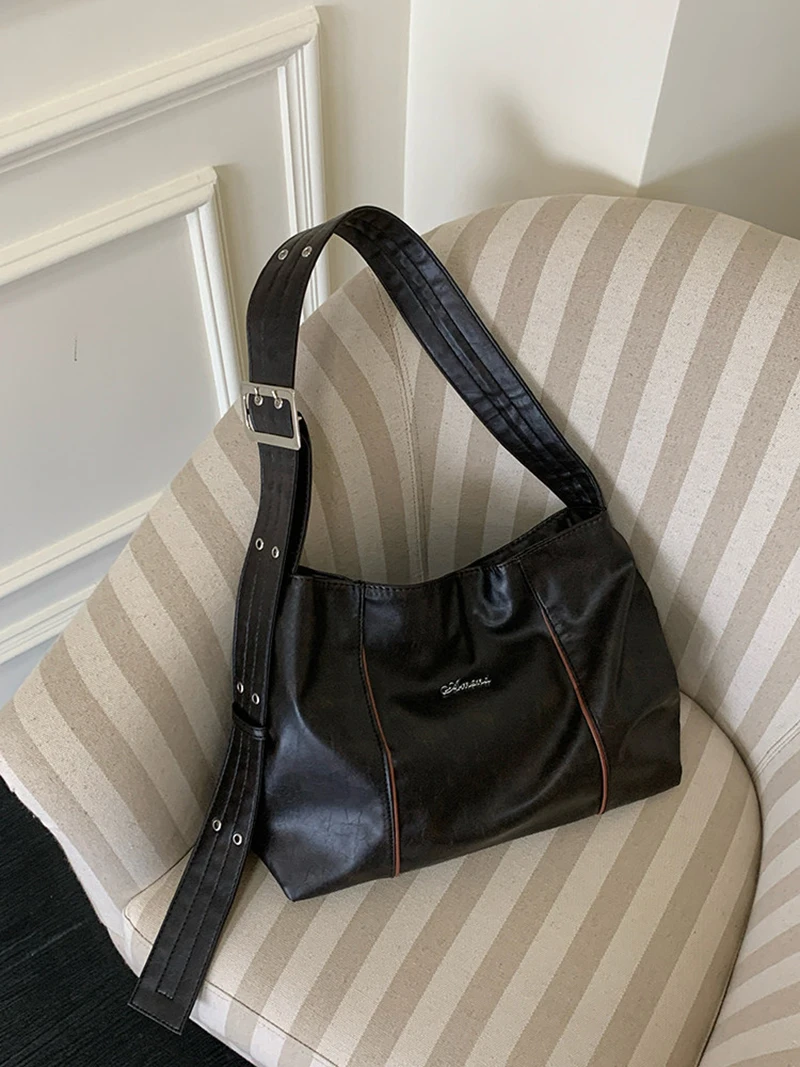 

Женская сумка-тоут большой вместимости в корейском стиле с широким ремнем и надписью, ретро-модель для повседневного использования, на молнии, через плечо