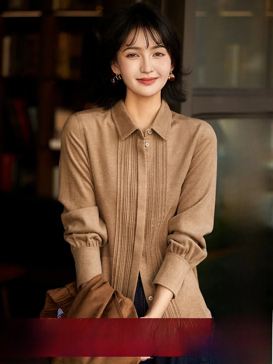 

Ele Simple Sle Camel Velvet Silk irt Layering Top Ankle-Length Button Design Long Sve Women's Commute Faion