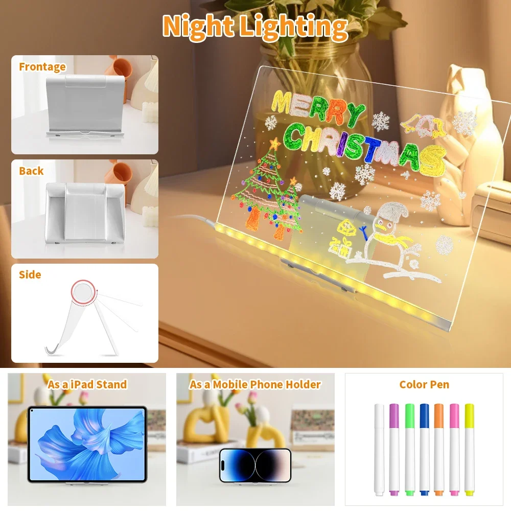 LED Luminous Drawing BOARD ของเล่น Night Light ข้อความหมายเหตุอะคริลิควาด 7 ปากกาสีสัน Erasable Writing สําหรับเด็ก