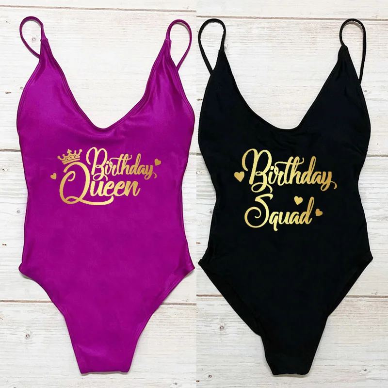 

S-3XL Sexy Padded One Piece Swimwear Love BIRTHDAY queen Print squad Swimsuits 2024 woman monokini Bathing Suit Beachwear Swim