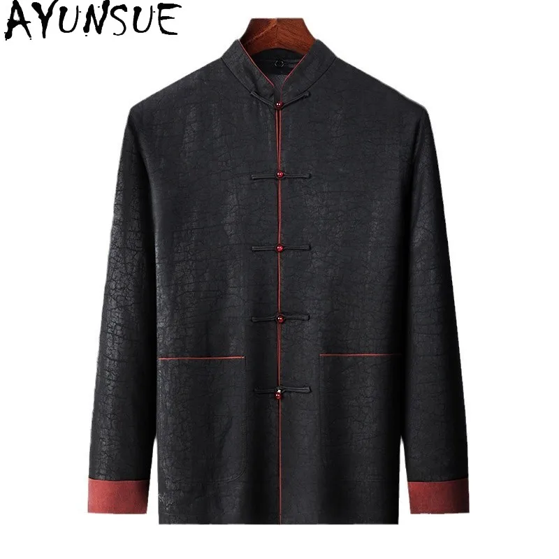 AYUNSUE 100% Mulberry Silk Shirt for Men Spring 2026 Long Sleeve Top Coat Detachable Silk Liner Jacket Man Casual Shirts Chemise