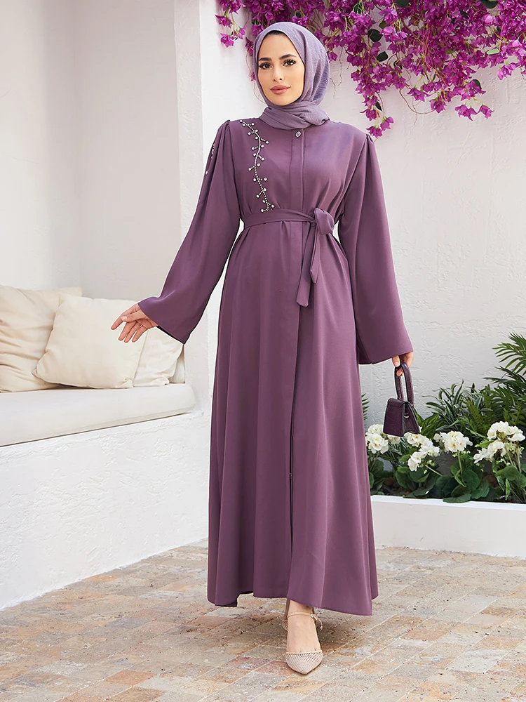 Women Abaya With Stones On The Shoulder Islamic Muslim Hijab Clothing Long Dress Belted Casual Cut Made in Turkey