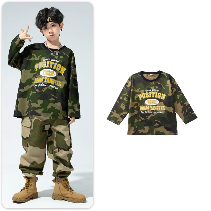 Conjuntos de ropa de camuflaje para niñas, Tops de manga larga, pantalones de Hip Hop para niños, Ropa de baile moderna, ropa de escenario de grupo