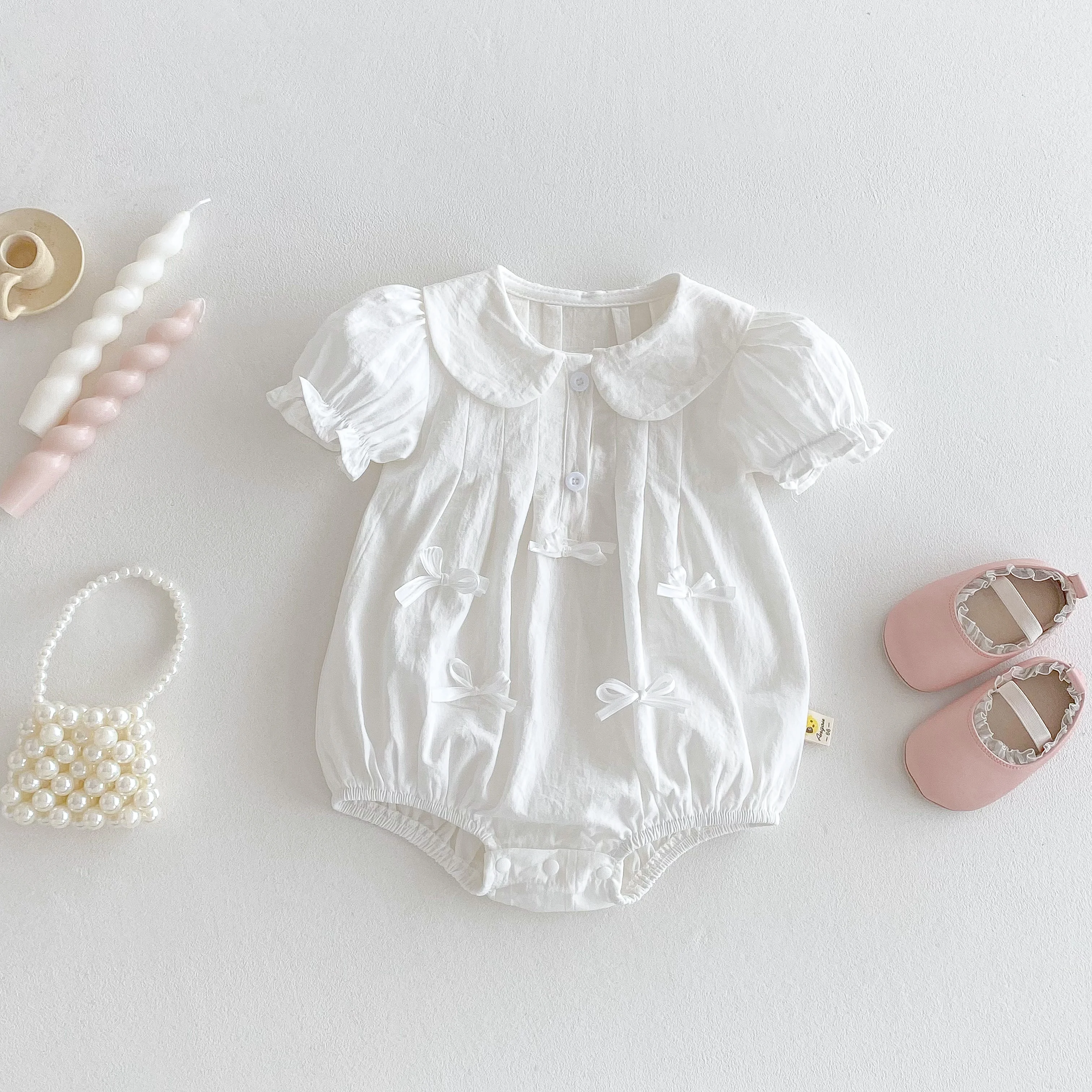 فستان صيفي للفتيات الصغيرات بأكمام قصيرة وطية صدر السترة مثلث من قطعة واحدة مع بدلة تسلق لطيفة على شكل فيونكة #3