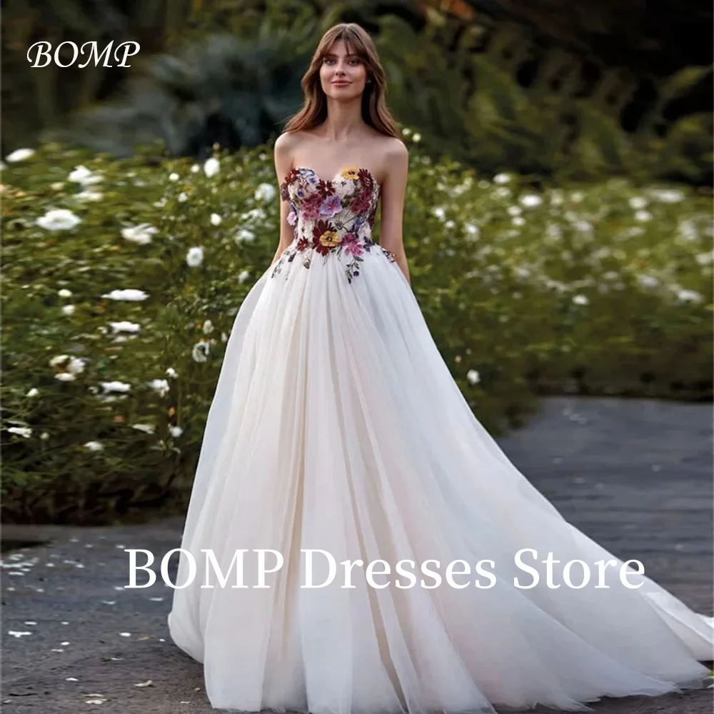 

BOMP Exquisite Colorful Flowers Strapless Wedding Dress A-line Tulle vestidos de novia Chapel Train Evening Dresses Customized