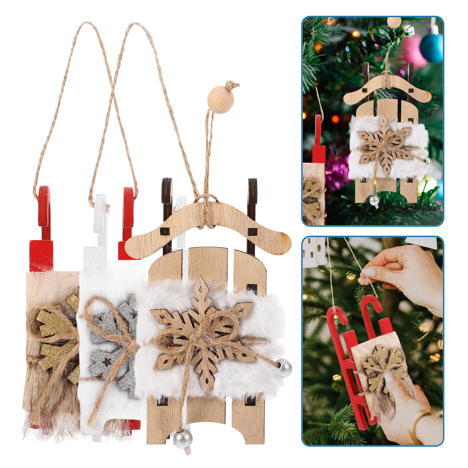 3pcs Christmas Tree Hanging Sleighs Wooden Sleigh Ornaments Natural Unfinished Wood Pendant For Holiday Decor Xmas Sled