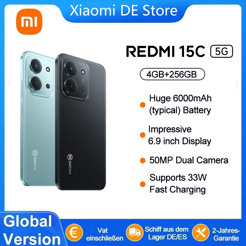 النسخة العالمية Redmi 15C 5G الهاتف المحمول 50MP AI كاميرا مزدوجة 6000mAh 33W شحن سريع الهاتف المحمول الهاتف الذكي الأصلي الجديد
