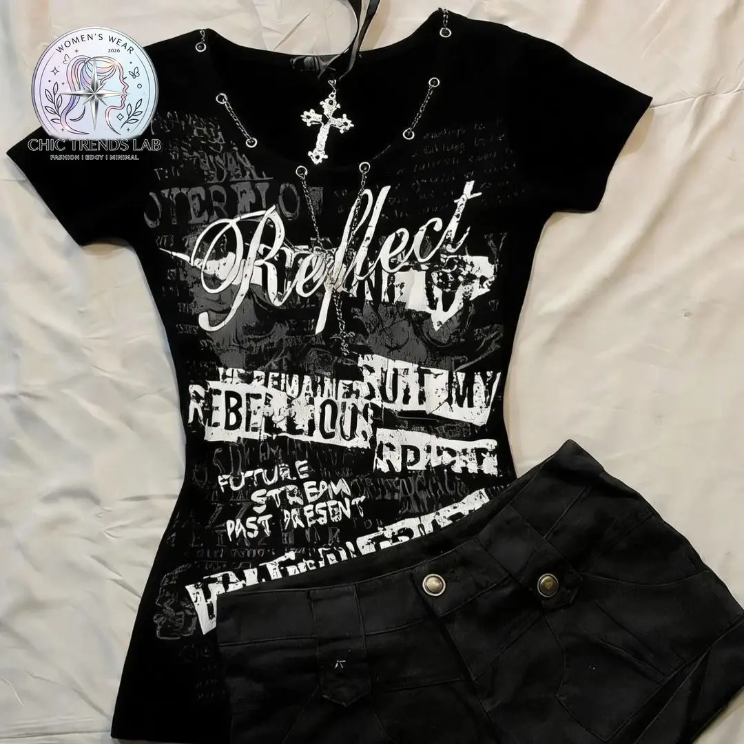 Y2K Gothic Graphic Baby Tee Women Sexy Scoop Neck Chain Top Cyber Grunge Punk Letter Print T Shirt Mall Goth Aesthetic Tshirt