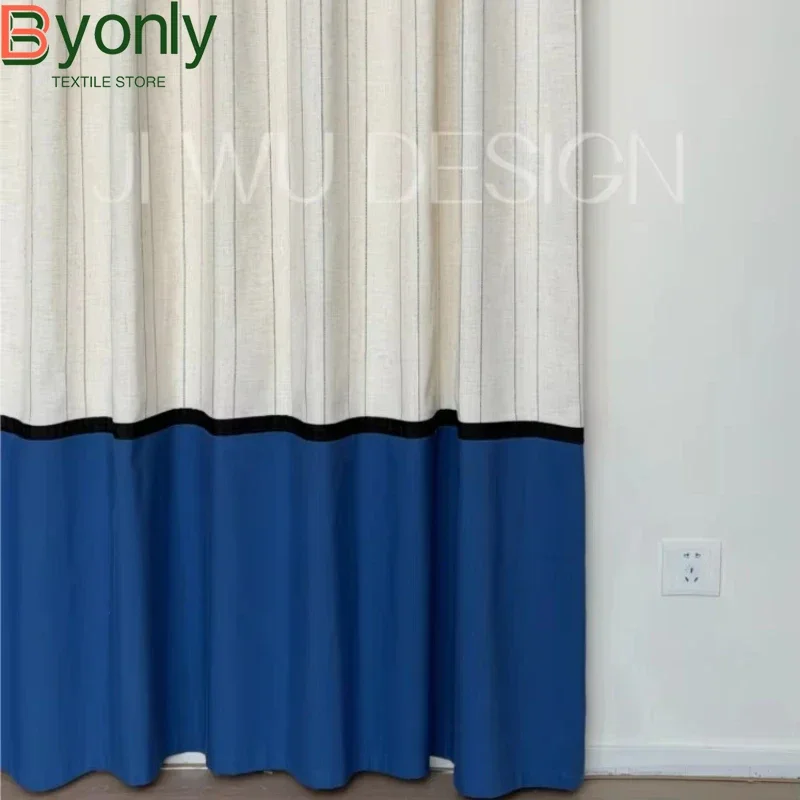New Vintage Blue Stripe Stitching Thickened Curtains for Living Room Bedroom French Window Customized Finished Partition Curtain