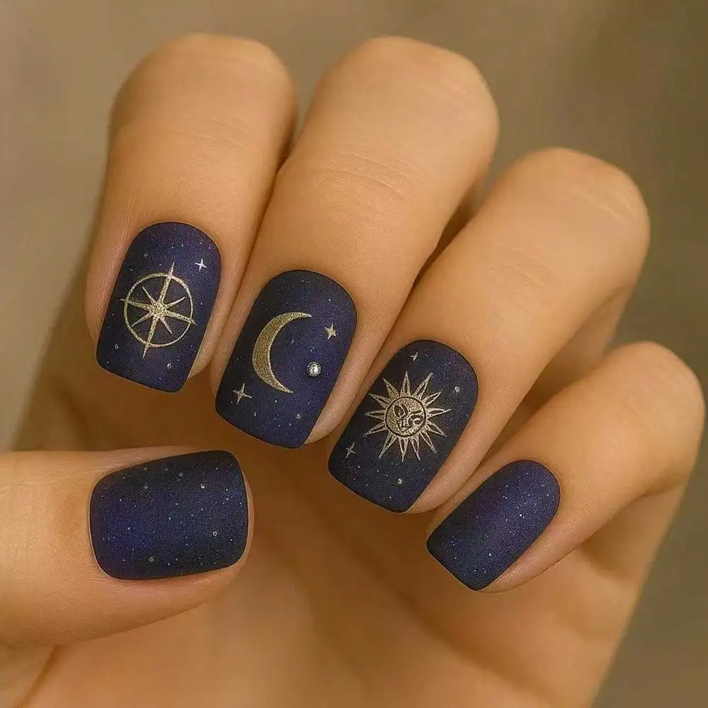 Hot  Square Fake Nails Classic Solid Color Fashion Starry Sky Graffiti Moon Star Design Nail Art Wear Nail