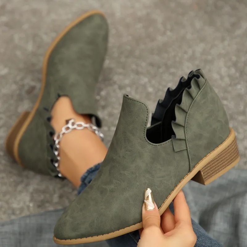 New Women\'s Chelsea Boots Pointed Suede Thick Heel Booties Women Plus Size Zipper Heeled Ankle Boots Retro Boots Zapatos Mujer