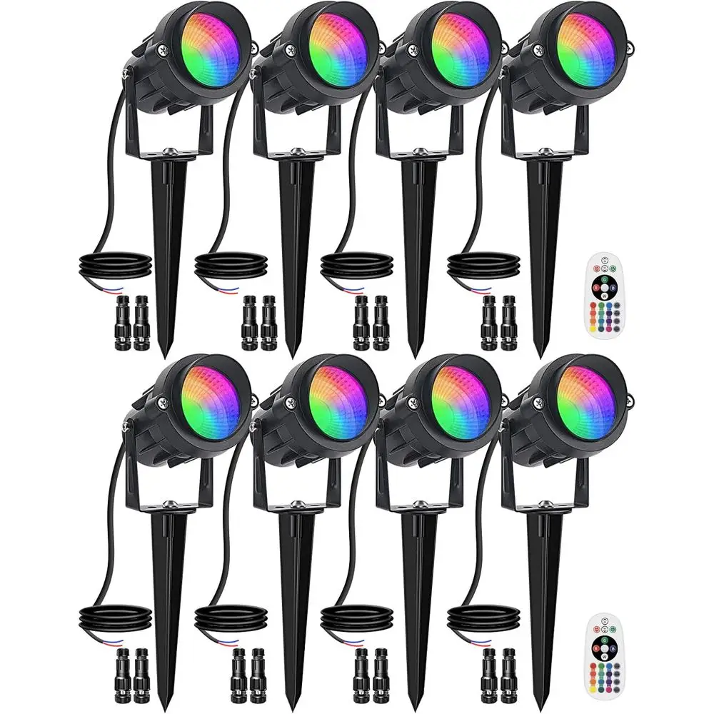 

9W RGB LED Color-Changing Remote-Controlled Spotlights for Outdoor Garden and Holiday Decor (8-Pack)