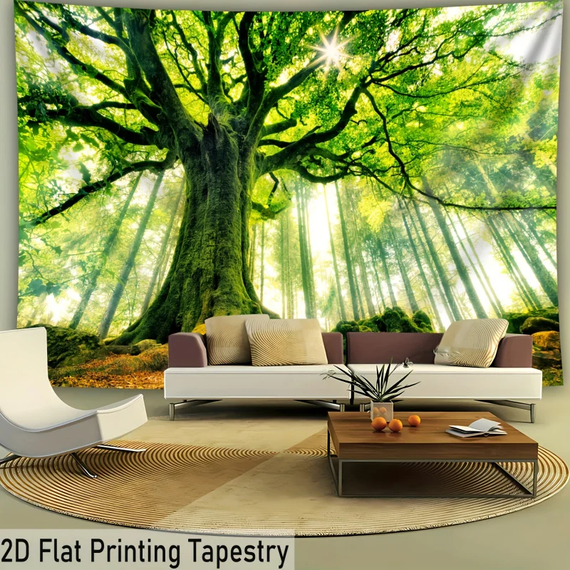 VIKAMA Tapisserie murale esthétique Forêt aux arbres anciens et lumière du soleil traversant les bois, Couverture décorative pour chambre et salon