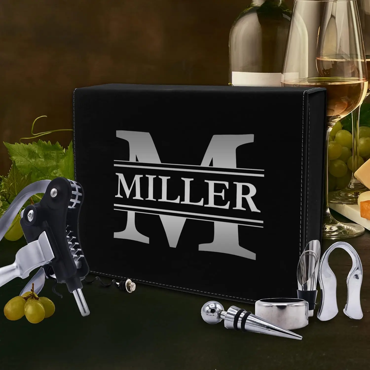 Custom Engraved 5 Piece Wine Tool Opener Accessories Box Set - Customized Wine Lovers For Anniversary, Weddings, And More (Bla