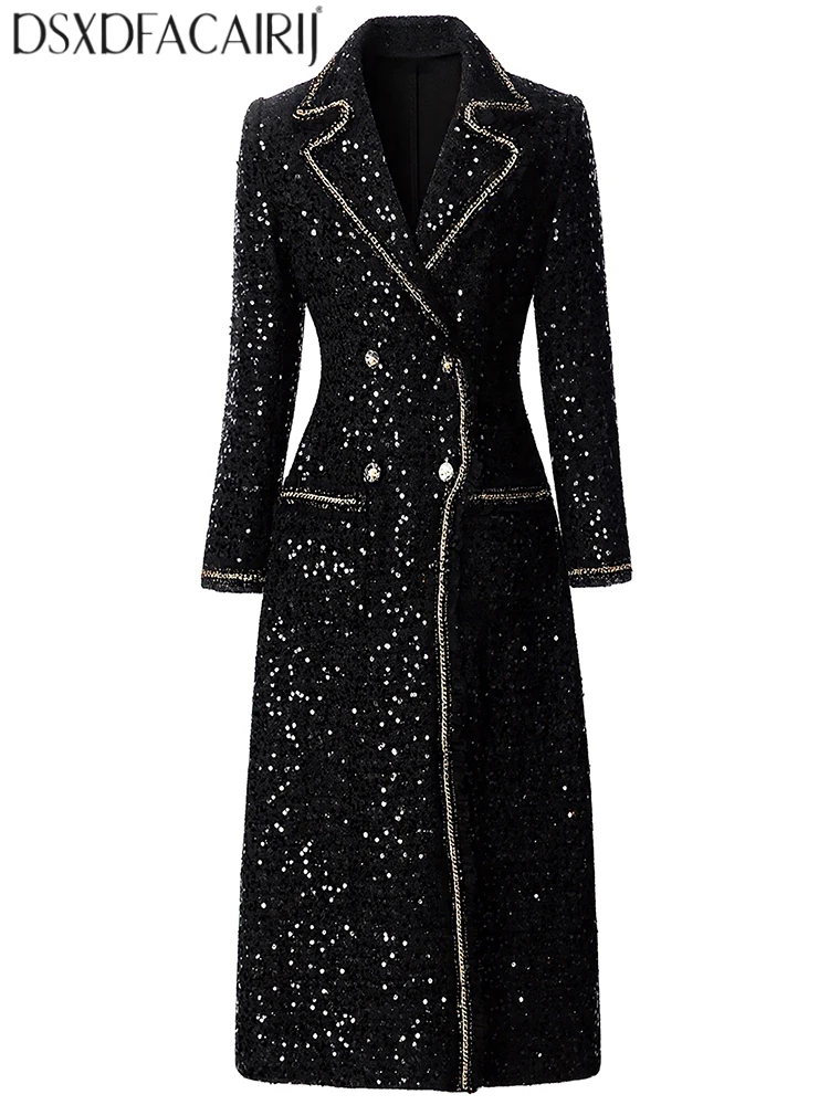 

DSFACAIRIJ женская двубортная твидовая верхняя одежда с отложным воротником и длинными рукавами и цепочками High Street, модная зимняя женская одежда из твида с блестками