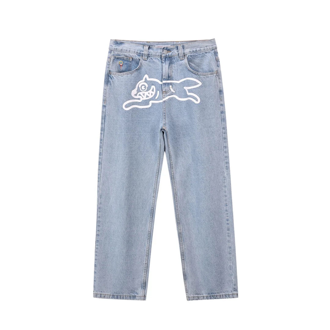 2026 Classic Geprinte Heren Straight Denim Broek Loose Fit YKK Rits Casual Denim Jeans Broek