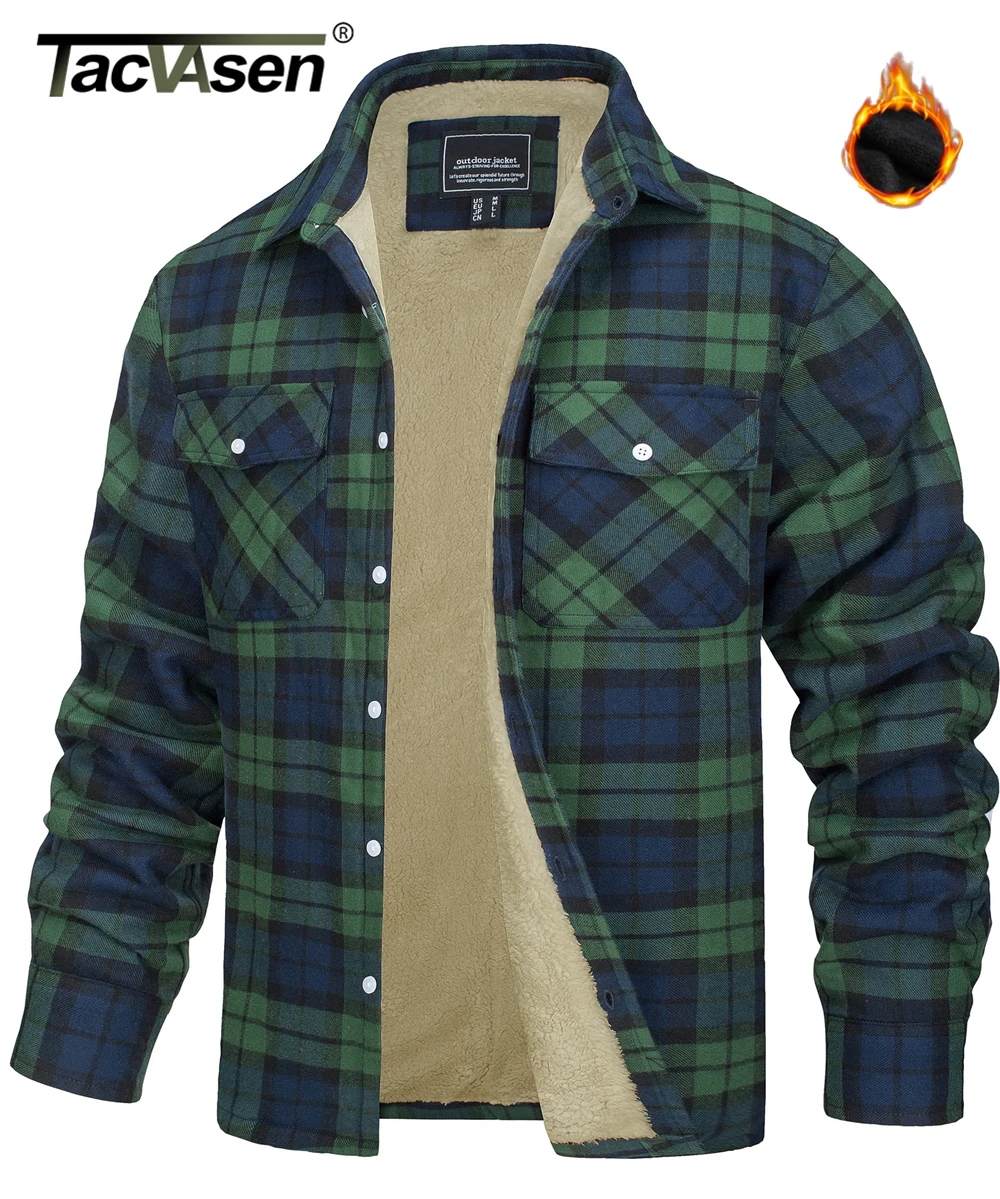 TACVASEN Fleece Lining Jackets Mens Flannel Cotton Jackets Plaid Casual Button Down Cargo Work Coats Thicken Outwear Man Tops