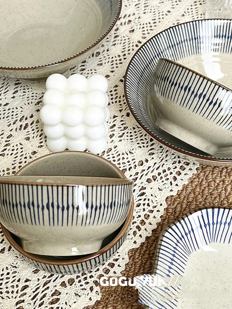 

Retro Japanese Sle Cerc Rice Bowl Vertical Stripe Underglaze Porcelain Dinnerware Soup Face Rice Bowl Di Plate Fi Bowl